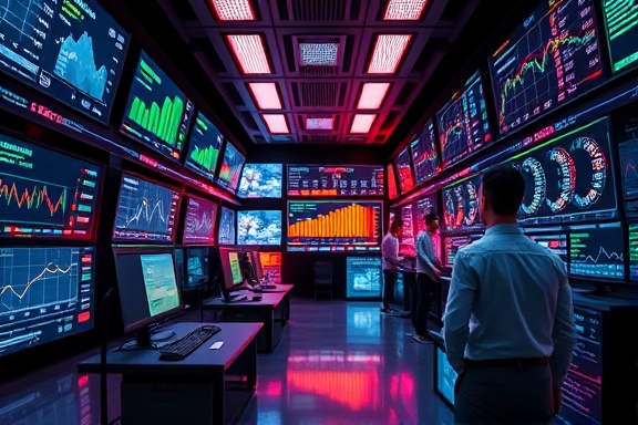 strategic lead scoring, analytical look, assessing data, photorealistic, high-tech data center full of screens, highly detailed, futuristic holographic charts, vivid neon colors, crisp fluorescent lighting, shot with a 24mm lens.