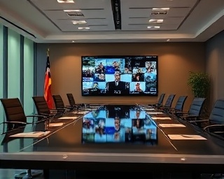 comprehensive social media analytics, focused, presenting insights, photorealistic, corporate boardroom with video conferencing tools, highly detailed, interactive display, 85mm lens, professional tone, high-tech lighting, shot with a Canon EOS R3