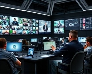 responsive reputation monitoring, alert expression, tracking brand mentions, photorealistic, news room with live feeds on large screens, highly detailed, fast-paced environment, dynamic focus, monochrome tones, vibrant artificial lighting, shot with a 24mm lens