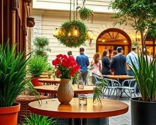 spirited social media engagement, joyful, responding to comments, photorealistic, bustling outdoor cafe with plants and decor, highly detailed, vibrant atmosphere, 50mm lens, warm tones, sunlit, shot with a Nikon Z7 II