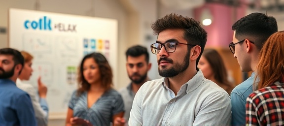 inquisitive brand trends, fascinated demeanor, investigating industry movements, photorealistic, in a trendy co-working space with creatives and whiteboards, highly detailed, diverse group collaboration, vivid detail, pastel colors, ambient cafe lighting, shot with a zoom lens.