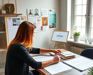 meticulous social media strategy, thoughtful, drafting ideas, photorealistic, cozy home office with mood boards, highly detailed, brainstorming session, 85mm lens, neutral, diffused window light, shot with a Leica SL2-S