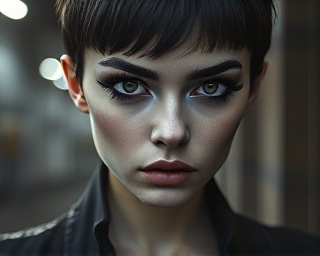 avant-garde beauty trends, mysterious gaze, trying experimental makeup, photorealistic, urban industrial backdrop, highly detailed, soft fog effects, tilt-shift lens, monochromatic scheme, dramatic lighting, shot with a Sigma fp.