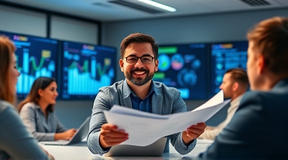 confident SEO growth, smiling broadly, presenting findings to a team, photorealistic, modern conference room equipped with digital screens, highly detailed, air current fluttering a stack of papers, high-resolution clarity, rich neutral tones, balanced artificial lighting, shot with a 35mm prime lens.