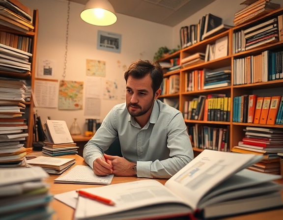 focused brand research, curious expression, exploring market insights, photorealistic, in a well-organized study room filled with books and notes, highly detailed, charts and sticky notes scattered around, ultra wide-angle lens, warm colors, evening lamp light, shot with a 24mm lens.