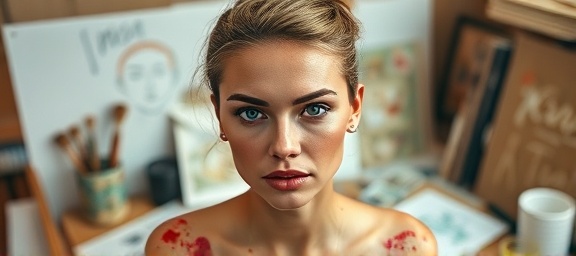 sophisticated beauty branding, determined expression, crafting viral campaigns, photorealistic, creative studio filled with sketches, highly detailed, spilled paint and brushes, warm earth tones, indirect natural lighting, shot with a 24mm lens.