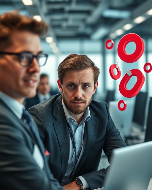 modern lead magnet, focused expressions, drawing in potential customers, photorealistic, corporate office space with tech gadgets, highly detailed, magnet icons around, clean vector design, cool tones, overhead lighting, shot with a 35mm lens.