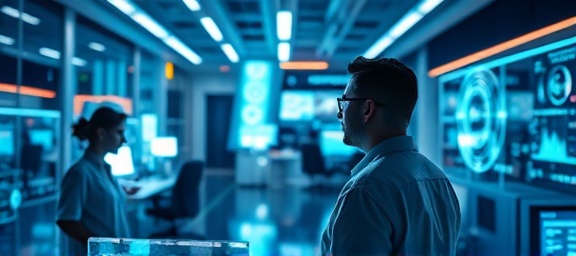 innovative reputation management, insightful expression, integrating technology, photorealistic, futuristic office with holographic displays, highly detailed, seamless tech interaction, crystal focus, cool shades, soft ambient lighting, shot with a 50mm lens