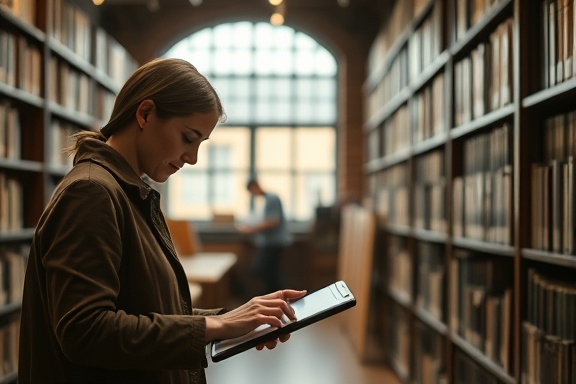 analytical brand research, calm focus, sifting through historical brand data, photorealistic, in a serene library environment with digital tablets, highly detailed, archival research process, soft focus, warm earthy tones, diffused window light, shot with a standard lens.