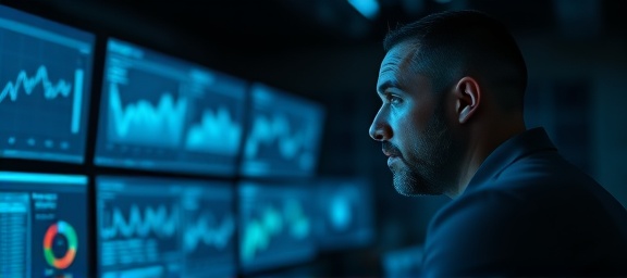 proactive reputation monitoring, focused expression, reviewing trends, photorealistic, high-tech control center with multiple screens, highly detailed, real-time data analysis, precise focus, blue hues, dim ambient lighting, shot with a 28mm lens