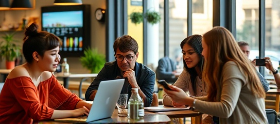engaging social media engagement, enthusiastic, interacting with fans, photorealistic, lively cafe setting with laptops and phones, highly detailed, people reacting, 50mm lens, warm, daytime lighting, shot with a Canon R5