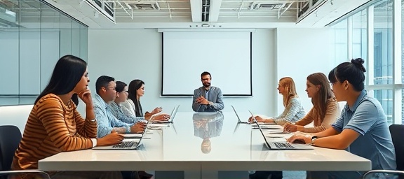 strategic brand strategy, thoughtful pose, devising marketing plans, photorealistic, at a spacious conference table with team members and laptops, highly detailed, brainstorming session in progress, crisp focus, neutral colors, overhead fluorescent lighting, shot with a 35mm lens.