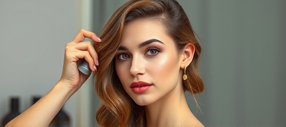 modern beauty campaign, confident expression, adjusting elegant hairstyle, photorealistic, professional hair styling studio, highly detailed, fine mist of hair spray, 24-70mm lens, rich natural colors, soft directional lighting, shot with a Canon 5D Mark IV.