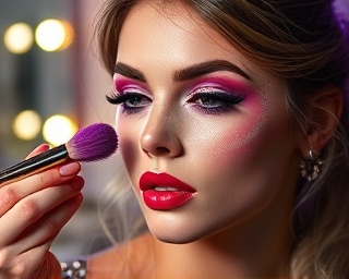 glamorous beauty makeup, expressive, blending eyeshadow, photorealistic, against a vanity with twinkling lights, highly detailed, tiny motes of pigment in the air, hyper-realistic, vibrant purples and pinks, ring light effect, shot with a 105mm lens.