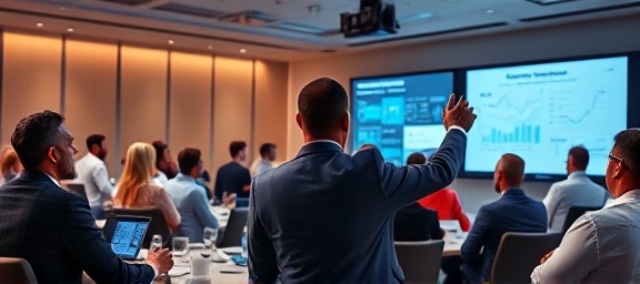 dynamic social media marketing, excited, presenting data, photorealistic, conference room full of executives, highly detailed, graphs and charts projected, 35mm lens, professional, bright overhead lighting, shot with a Nikon D850