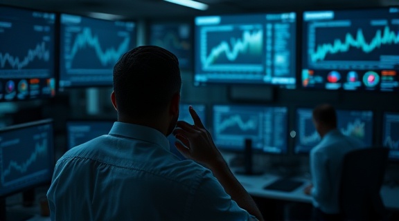insightful video strategy, contemplative, analyzing data trends, photorealistic, office space with multiple screens displaying analytics and graphs, highly detailed, subtle background activity, high dynamic range, monochromatic, dim ambient light, shot with a Panasonic Lumix S Pro 24-70mm F2.8 lens.