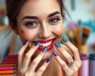 innovative beauty promotion, playful grin, decorating nails, photorealistic, creative studio filled with art supplies, highly detailed, dynamic paint splashes, 110mm lens, vibrant chrome colors, dynamic lighting, shot with a Hasselblad X1D.