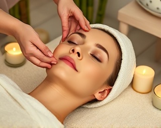radiant beauty skincare, content, massaging face, photorealistic, in a spa with bamboo and candles, highly detailed, gentle candle flicker, 4K clarity, calming ivory and creams, soft ambient lighting, shot with an 85mm lens.