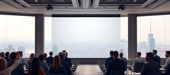 transformative journey branding, enthusiastic expression, unveiling new strategies, photorealistic, conference room with a panoramic city view, highly detailed, animated PowerPoint slides, muted pastel colors, soft overhead lighting, shot with a 70-200mm lens.