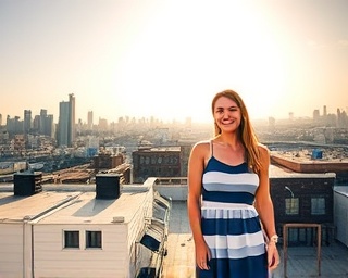 holistic reputation strategy, optimistic expression, anticipating market needs, photorealistic, urban rooftop with cityscape view, highly detailed, strategic planning in open air, panoramic focus, bright colors, golden hour lighting, shot with a wide-angle lens