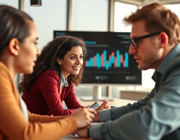 cutting-edge reputation feedback, attentive expression, analyzing data, photorealistic, sleek conference room with presentation screens, highly detailed, team collaboration with digital tools, balanced focus, warm tones, natural sunlight, shot with a 24mm lens