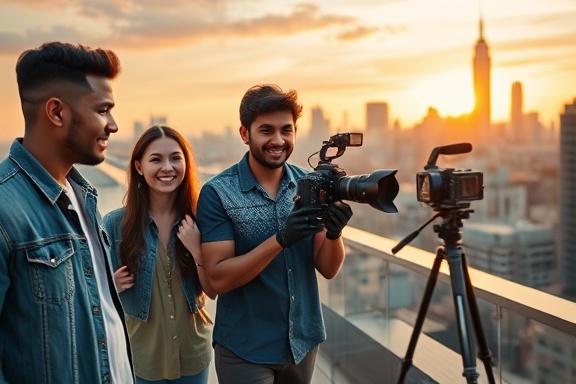 charismatic social media influencers, confident, filming content, photorealistic, urban rooftop with city skyline, highly detailed, capturing lifestyle shots, 35mm lens, vibrant colors, golden hour lighting, shot with a Fujifilm GFX 100S