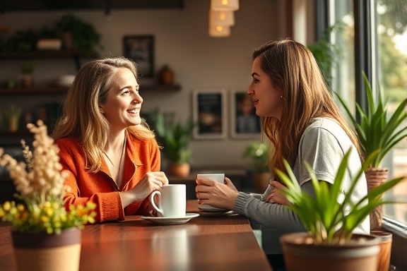 efficient lead nurturing, caring interaction, fostering relationships, photorealistic, cozy coffee shop with casual atmosphere, highly detailed, nurturing plant motifs, warm earthy colors, natural sunlight, shot with a 85mm lens.