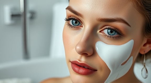 sleek beauty advertising, captivating gaze, smoothing cream on skin, photorealistic, in a minimalist bathroom setting, highly detailed, gentle steam rising, macro lens, muted tones, natural lighting, shot with a Nikon D850.