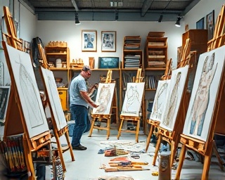 innovative social media marketing, inspired, sketching ads, photorealistic, creative studio filled with art supplies, highly detailed, artists at work, 50mm lens, colorful, spotlight lighting, shot with a Panasonic Lumix S1R