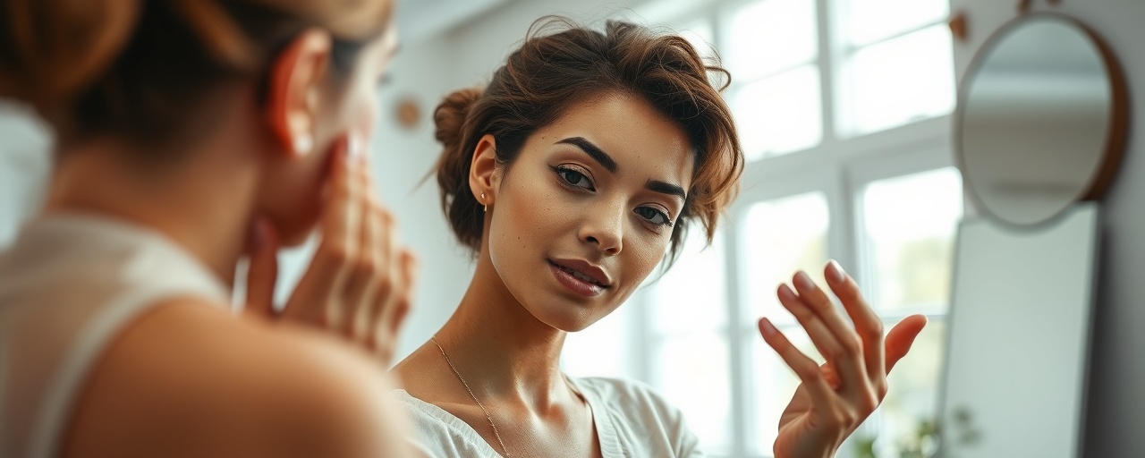 focused consultation beauty, attentive expression, explaining skincare techniques, photorealistic, in a bright serene studio with large windows and hanging mirrors, highly detailed, gentle movements and interpretations, sharp textures, muted earth tones, ambient lighting, shot with an 85mm portrait lens.