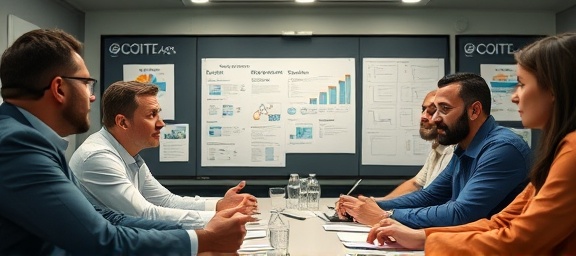 dynamic reputation strategy, confident expression, formulating plans, photorealistic, corporate boardroom with strategy boards, highly detailed, brainstorming session with diverse team, crisp focus, neutral tones, fluorescent lighting, shot with a 35mm lens