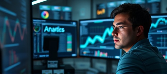 informative brand intelligence, engaged look, analyzing competitive data, photorealistic, in a tech-savvy office with multiple computer monitors, highly detailed, digital interfaces with analytic software, sharp image, vibrant colors, LED monitor glow, shot with a macro lens.