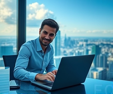 strategic SEO success, satisfied look, closing a laptop, photorealistic, high-rise office overlooking a cityscape, highly detailed, clouds moving across the skyline, sharp depth of field, cool blue and silver hues, late afternoon sunlight streaming through glass, shot with a 70-200mm telephoto lens.