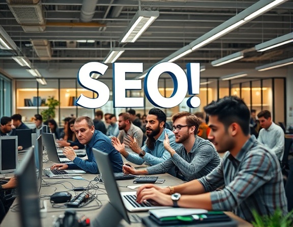 dynamic SEO boost, excited gestures, deploying digital marketing tools, photorealistic, bustling coworking space filled with focused young professionals, highly detailed, ambient noise of typing and conversation, ultra-clear visuals, vibrant colors, overhead fluorescent lighting, shot with a 24mm wide-angle lens.