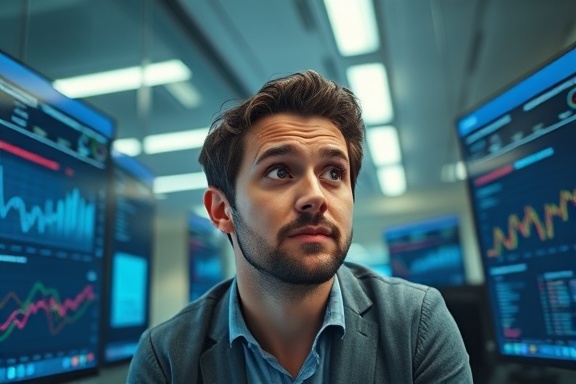 innovative marketing journey, curious expression, analyzing consumer data, photorealistic, modern office environment with glass walls, highly detailed, digital screens with analytics, flat color palette, cool fluorescent light, shot with a 35mm lens.