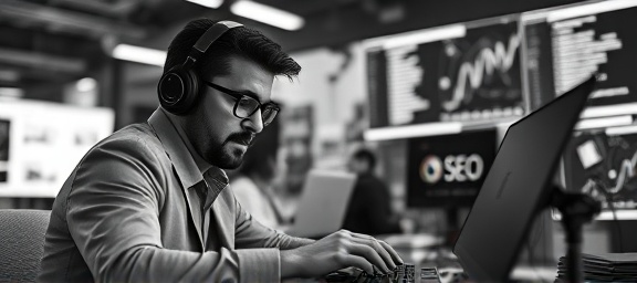 analytical SEO improvement, focused demeanor, optimizing web pages, photorealistic, busy digital agency with various tech gadgets, highly detailed, subtle clicks and keystrokes echoing softly, 16k resolution, sleek black and white theme, soft diffused lighting, shot with a 105mm portrait lens.