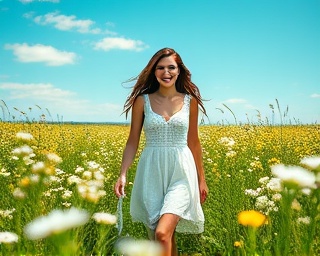 natural beauty fashion, joyful, walking, photorealistic, in a blooming meadow under blue skies, highly detailed, wildflowers swaying, ultra-HD, fresh greens and yellows, diffused lighting, shot with a 35mm lens.