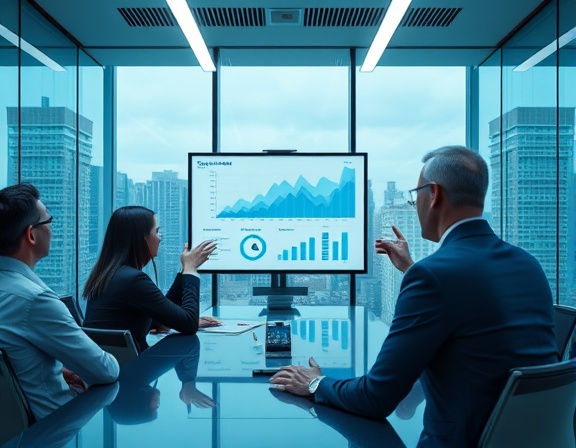 strategic video promotion, enthusiastic, presenting to clients, photorealistic, modern conference room with glass walls and cityscape view, highly detailed, animated graphs and charts, full HD, cool blues and greys, fluorescent lighting, shot with a Nikon Z 24-70mm f/2.8 S lens.