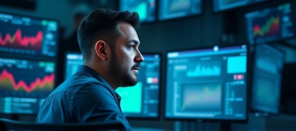 insightful social media analytics, contemplative, analyzing metrics, photorealistic, tech-savvy work environment with multiple monitors, highly detailed, data streams visible, 85mm lens, cool tones, soft ambient light, shot with a Sony Alpha 7R IV