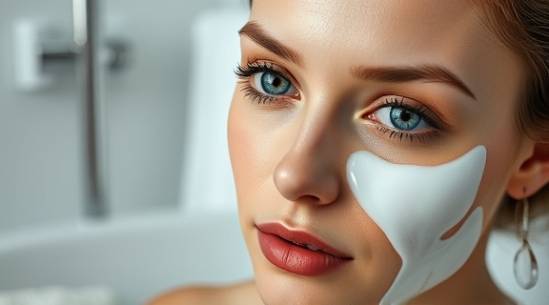 sleek beauty advertising, captivating gaze, smoothing cream on skin, photorealistic, in a minimalist bathroom setting, highly detailed, gentle steam rising, macro lens, muted tones, natural lighting, shot with a Nikon D850.