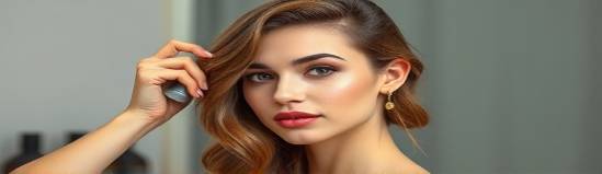 modern beauty campaign, confident expression, adjusting elegant hairstyle, photorealistic, professional hair styling studio, highly detailed, fine mist of hair spray, 24-70mm lens, rich natural colors, soft directional lighting, shot with a Canon 5D Mark IV.