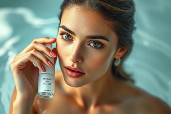 chic beauty advertising, elegant poise, showcasing skincare product, photorealistic, luxury spa environment, highly detailed, gentle ripples in water, portrait lens, cool tones, soft diffused lighting, shot with a Panasonic Lumix S1.