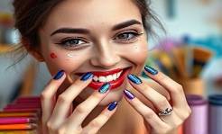 innovative beauty promotion, playful grin, decorating nails, photorealistic, creative studio filled with art supplies, highly detailed, dynamic paint splashes, 110mm lens, vibrant chrome colors, dynamic lighting, shot with a Hasselblad X1D.