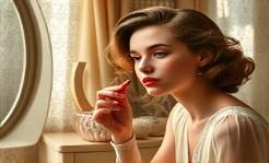 classic beauty campaign, thoughtful expression, testing lipstick shades, photorealistic, vintage dressing table, highly detailed, delicate lace curtains, 135mm lens, warm color palette, dappled sunlight, shot with a Pentax K-1.