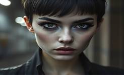 avant-garde beauty trends, mysterious gaze, trying experimental makeup, photorealistic, urban industrial backdrop, highly detailed, soft fog effects, tilt-shift lens, monochromatic scheme, dramatic lighting, shot with a Sigma fp.