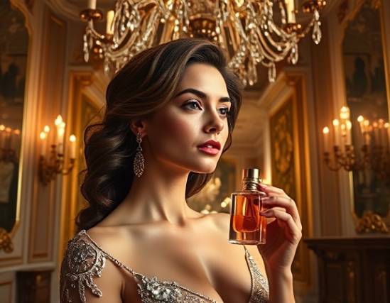 elegant beauty branding, graceful demeanor, rolling on exquisite perfume, photorealistic, opulent baroque interior, highly detailed, sparkling chandelier crystals, 105mm lens, opulent golds and marble, candle-lit ambiance, shot with a Nikon Z7.